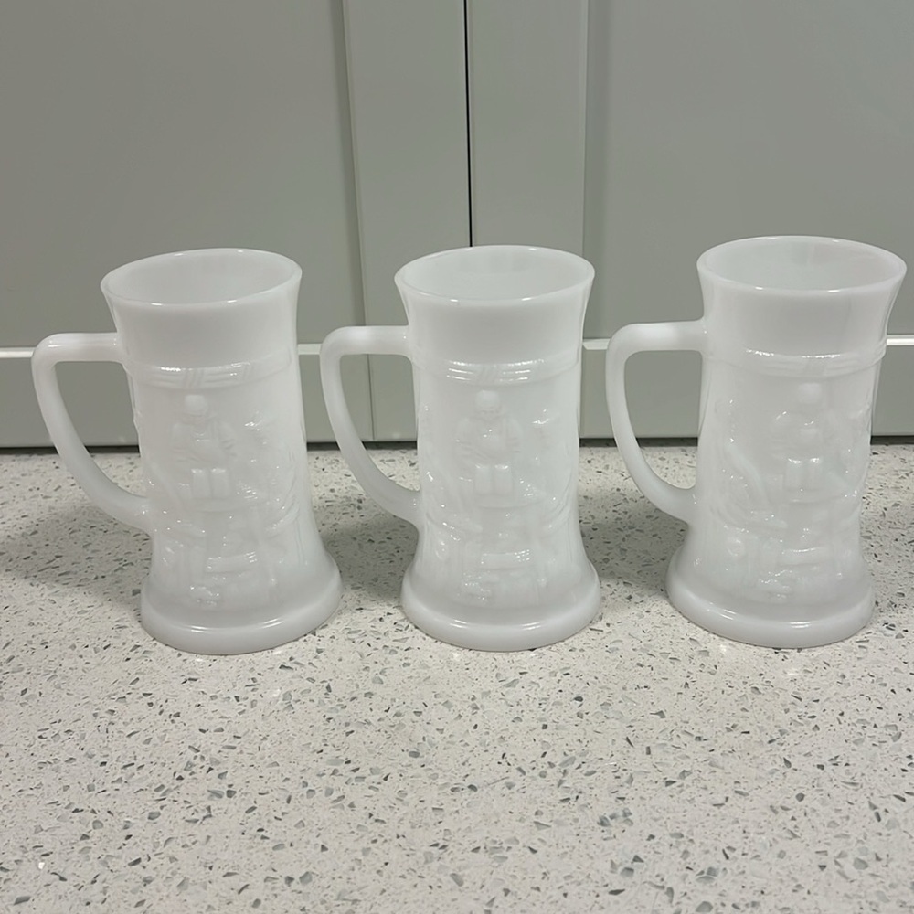 Vintage FEDERAL Milk Glass Beer Stein Mugs x 3 | Embossed Tavern Scene | 6" Tall
